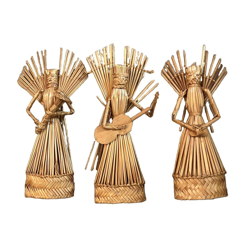 Vtg Rattan Straw Folk Art Musicians 3 Angel Figurines Woven Musical